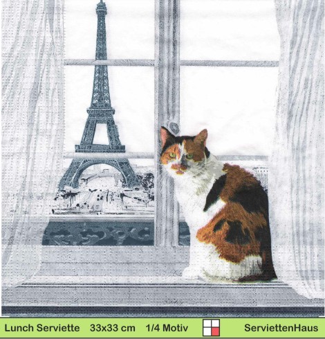Katze auf dem Fenster vor Eiffelturm - 1 Lunch Serviette